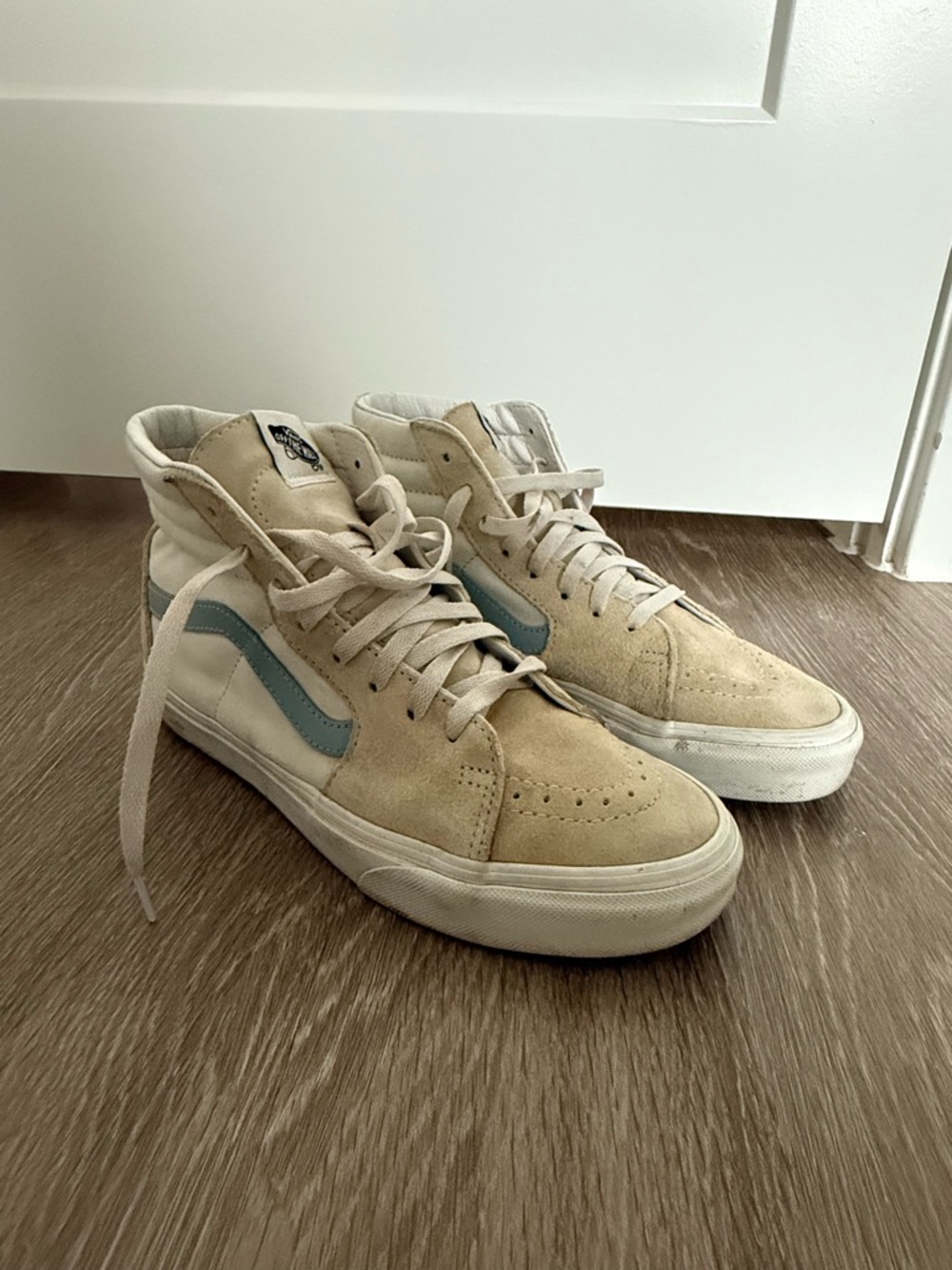 High-Top Suede Sneakers in Beige with Blue Accent Men 7.5 Women 9.0